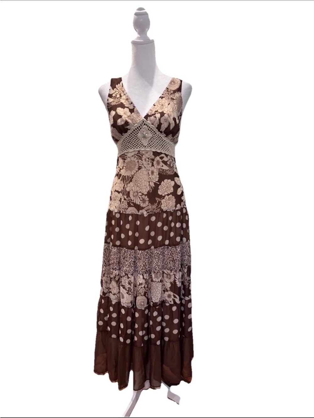 Cato Boho Maxi Dress Floral Polka Dot Crochet Waist Size 6 - Picture 3 of 8